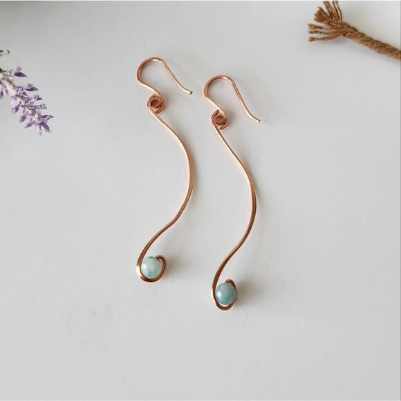 Handmade Copper Wire Wrapped Blue Aventurine Earrings - Elegant, Minimalist - Picture 5 of 7